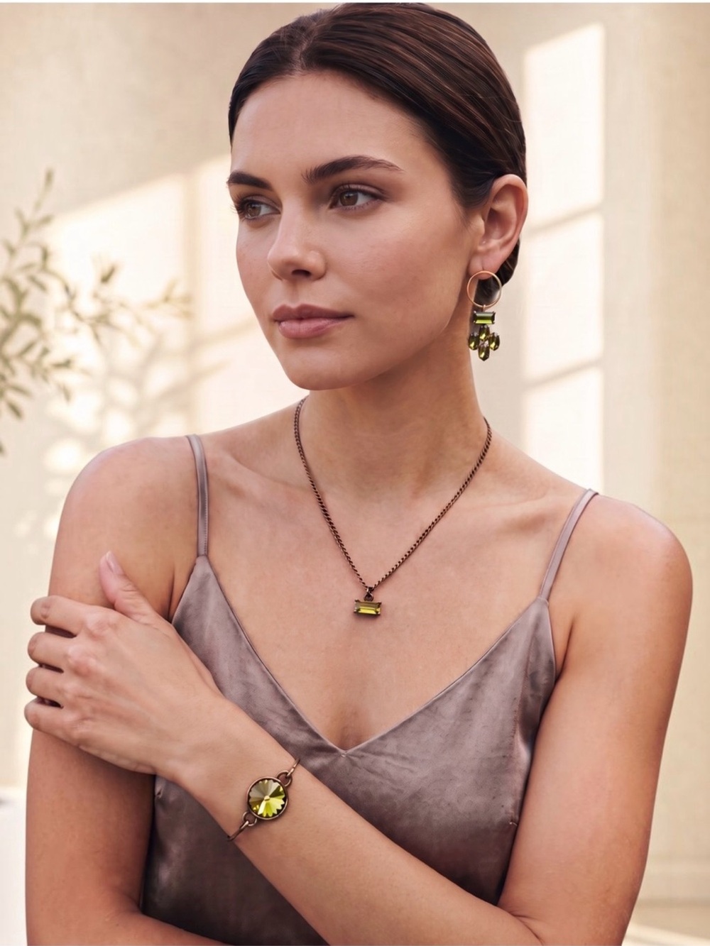 Olive Green Crystal Pendant Necklace, Earrings and Bracelet Set